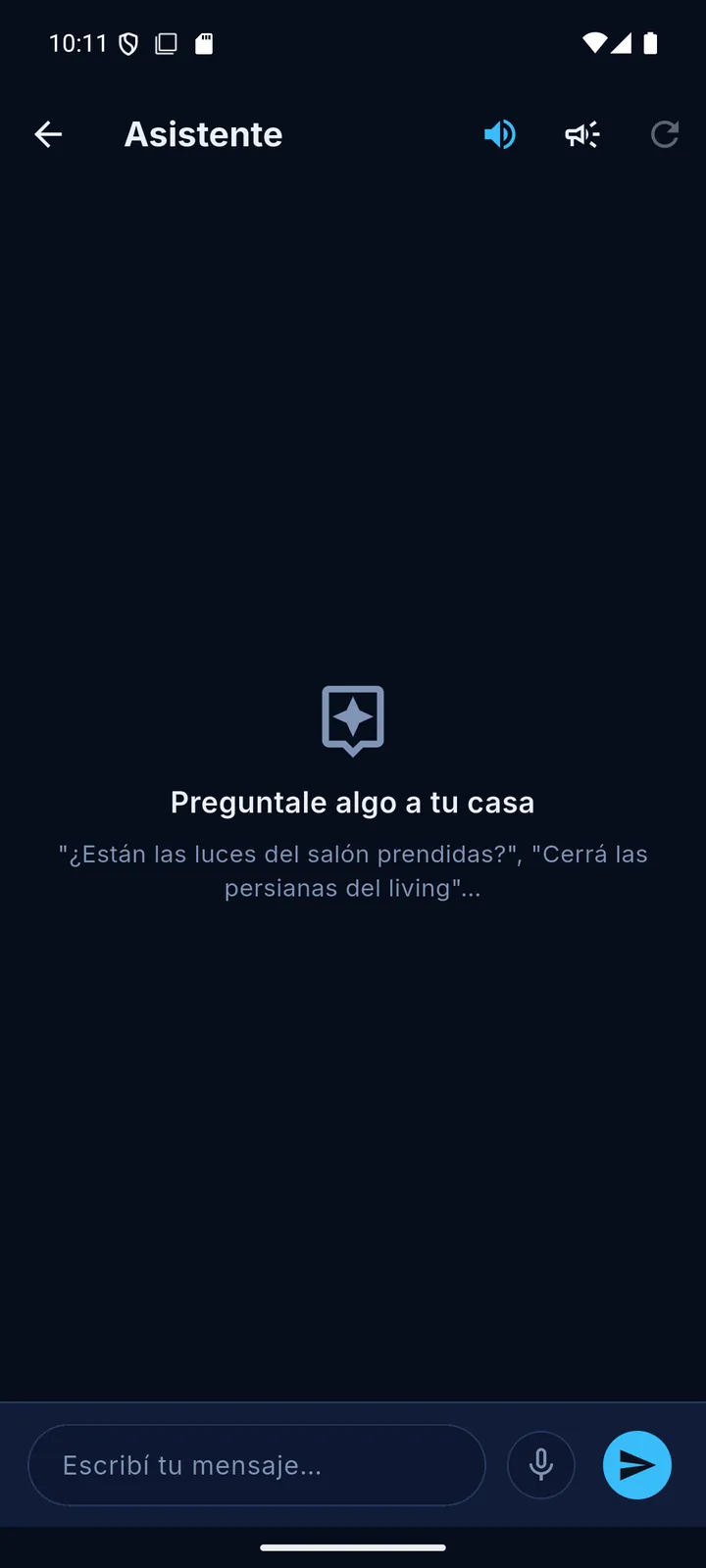 Pantalla del asistente FaroHub con opciones de mensaje, hablar a la casa y frases rápidas