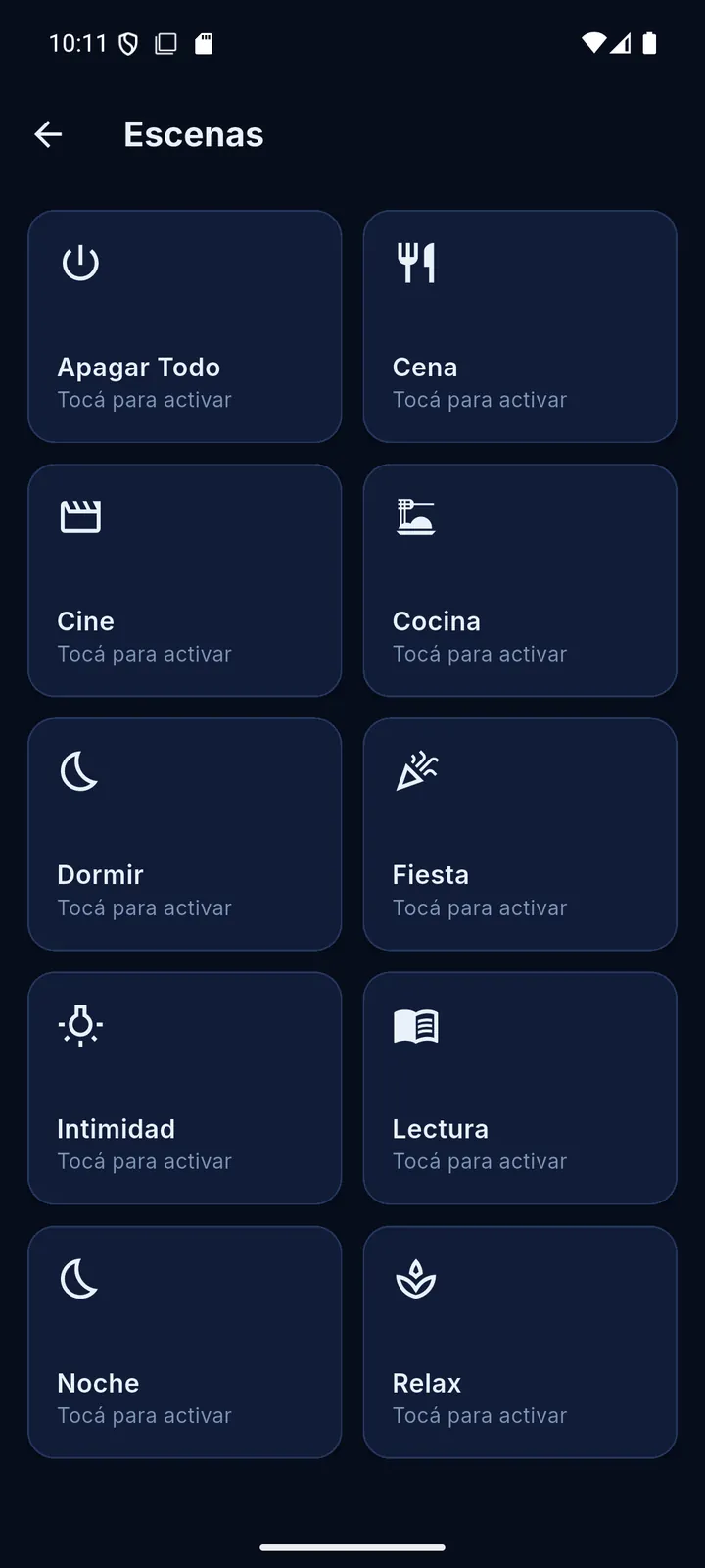 Pantalla de escenas de FaroHub con modos cocina, cena, lectura, relax, noche y apagar