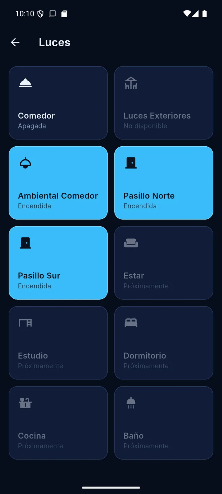 Pantalla de luces de FaroHub con ambientes interiores y exteriores